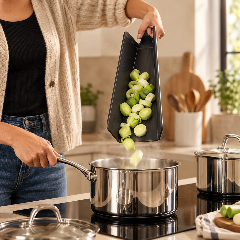 Guide it into the pan.