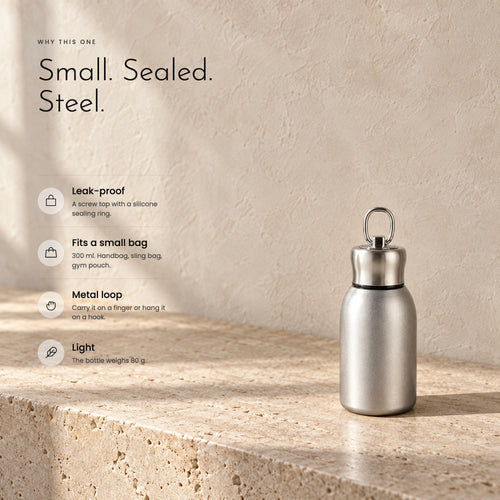 Carbon Bottle benefits: leak-proof, fits a small bag, metal loop, 80 g