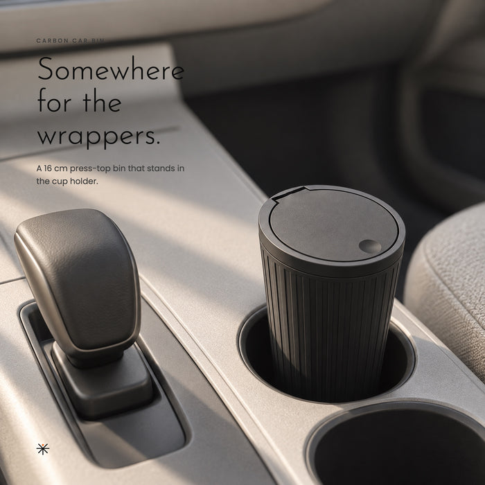 Carbon Car Bin. Small press-top bin that sits in your cup holder