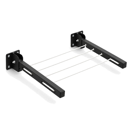 Carbon Clothesline: two black folding wall arms with four white nylon rope lines