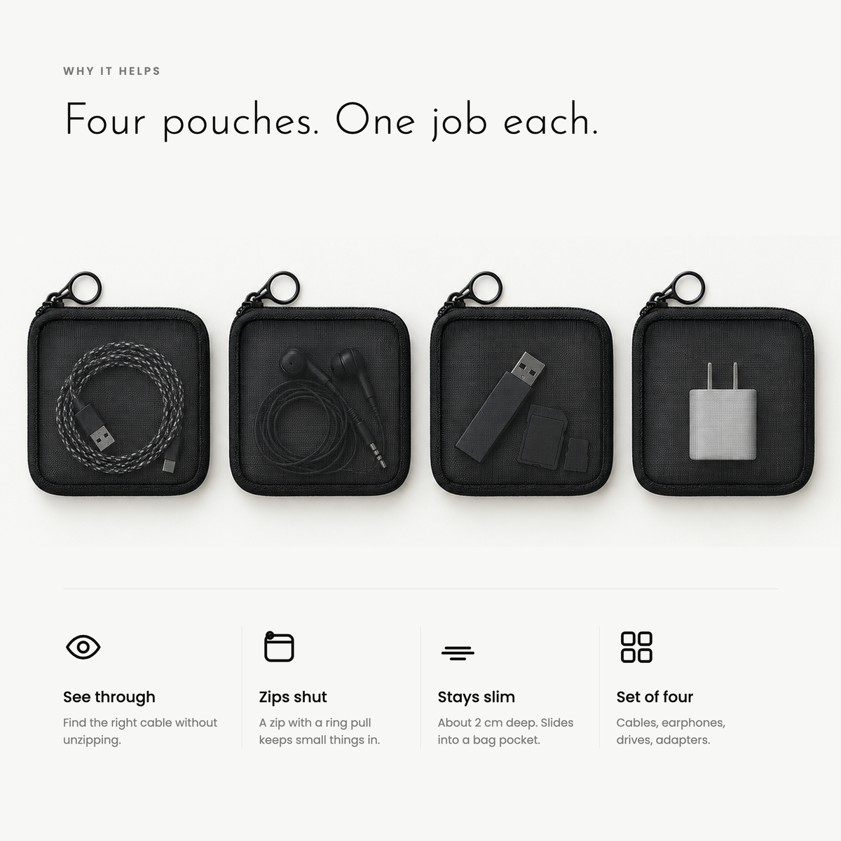 Four pouches, one each for a cable, earphones, a pen drive and an adapter