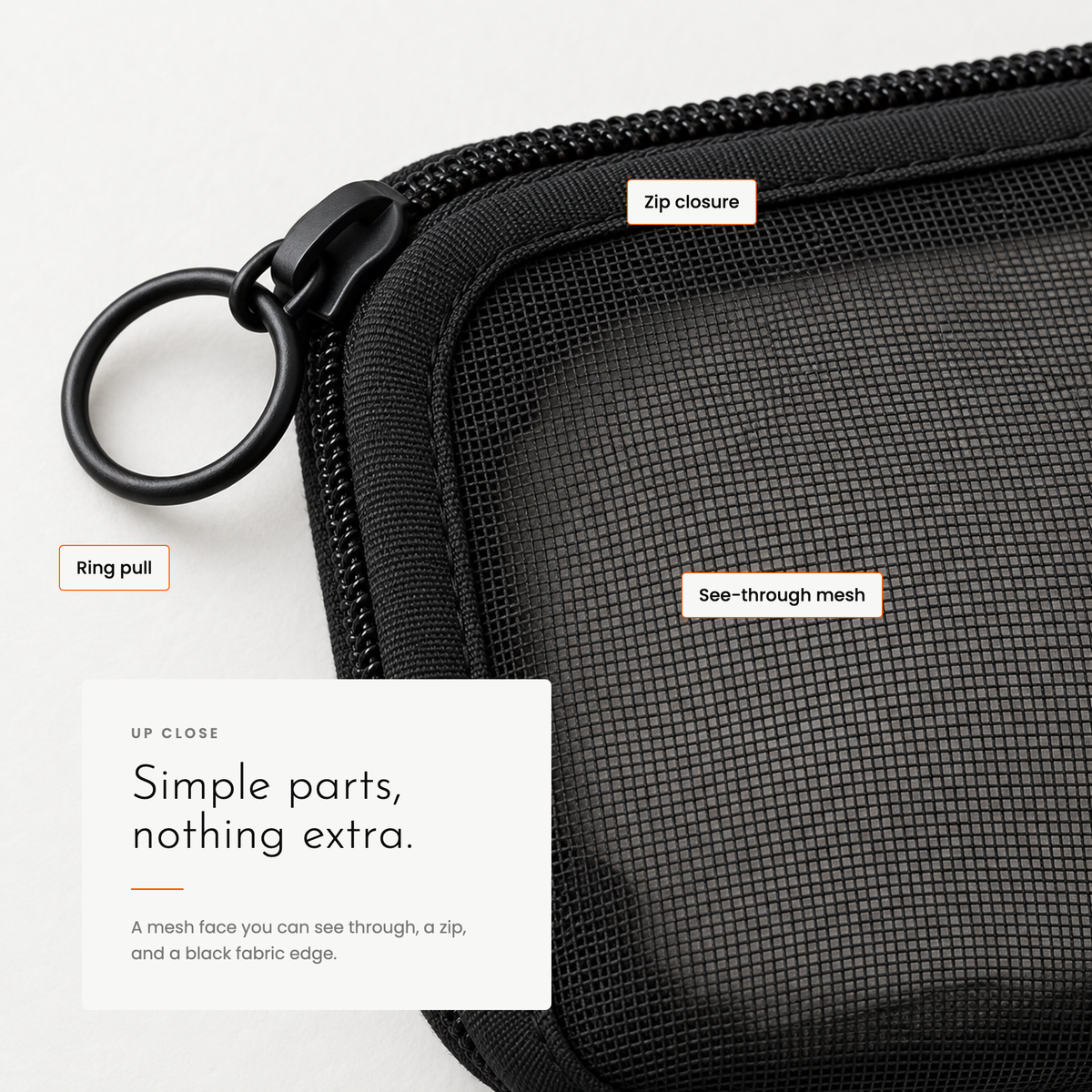 Close-up of the zip, ring pull and see-through mesh