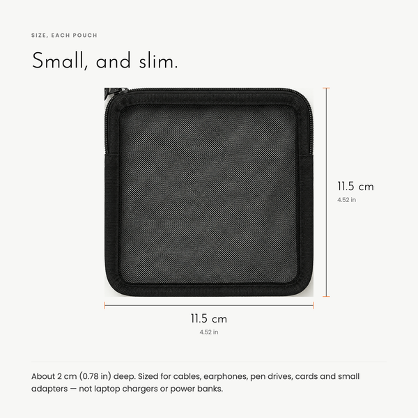 Carbon Gadget Pouch. Four see-through zip pouches for cables and small tech.