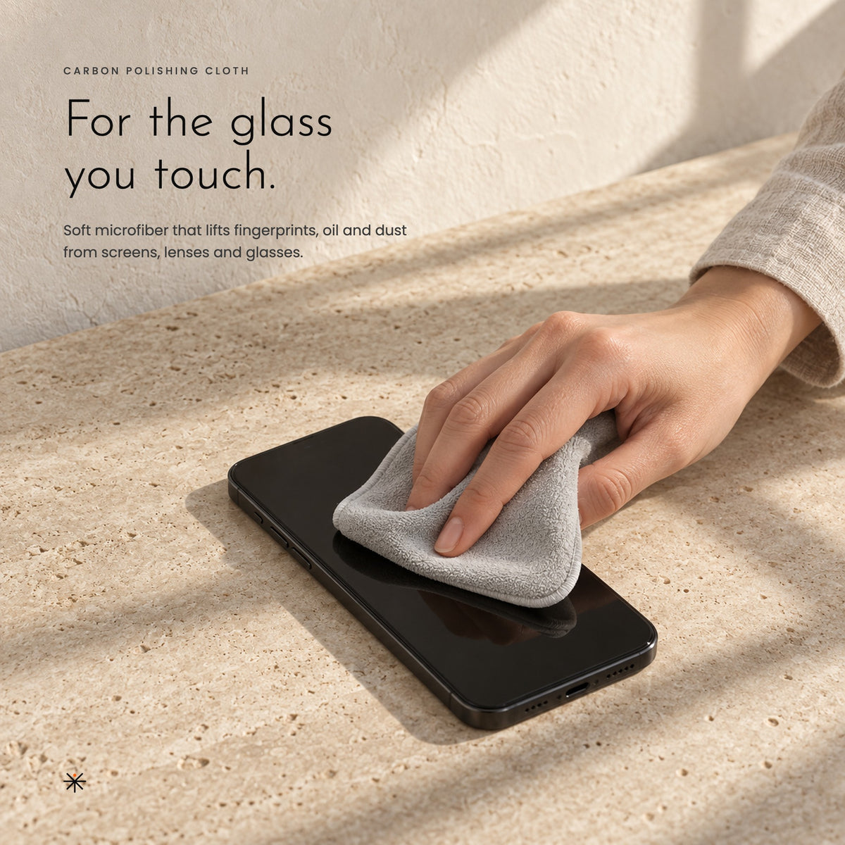 Carbon Polishing Cloth. Soft microfiber for screens, lenses and glasses