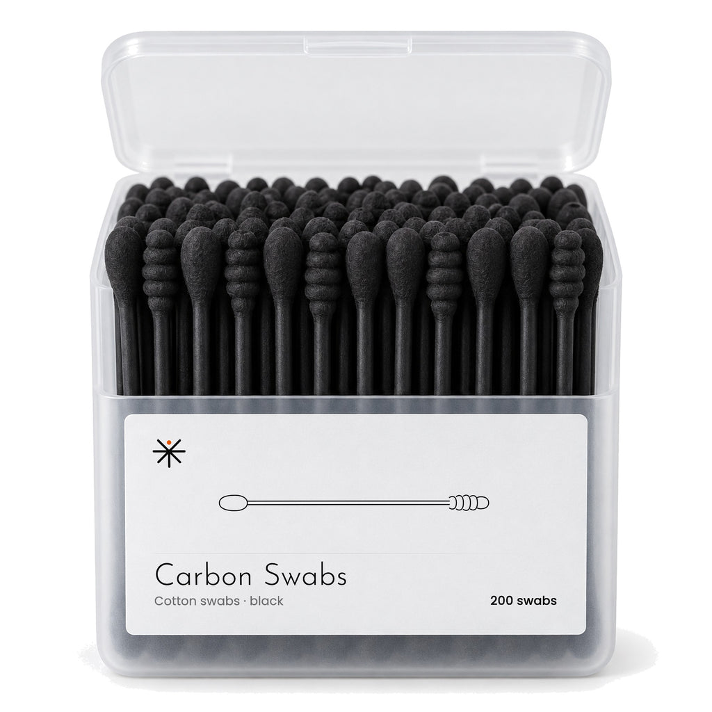 Carbon Swabs box, lid open, full of black cotton swabs