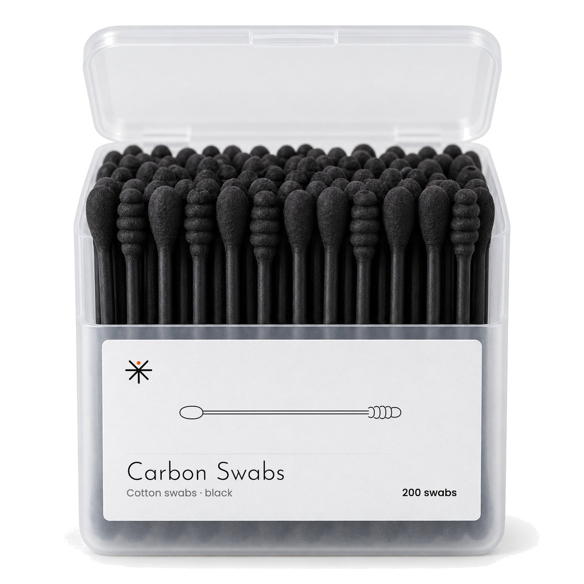 Carbon Swabs box, lid open, full of black cotton swabs