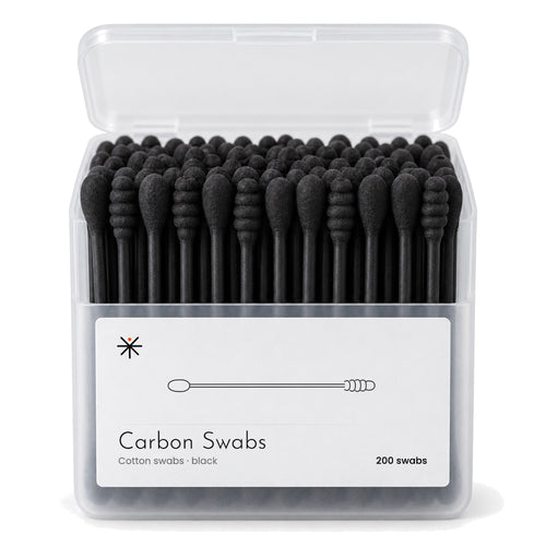 Carbon Swabs box, lid open, full of black cotton swabs