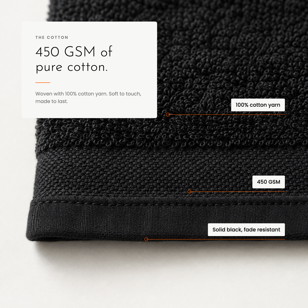 Close-up of the cotton: 450 GSM, 100% cotton yarn, solid black