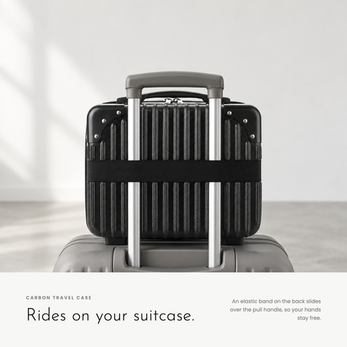 Carbon Travel Case riding on a suitcase handle