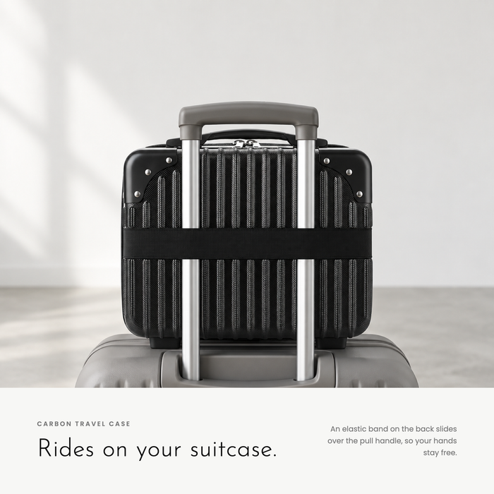 Carbon Travel Case. A small hard case that rides on your suitcase