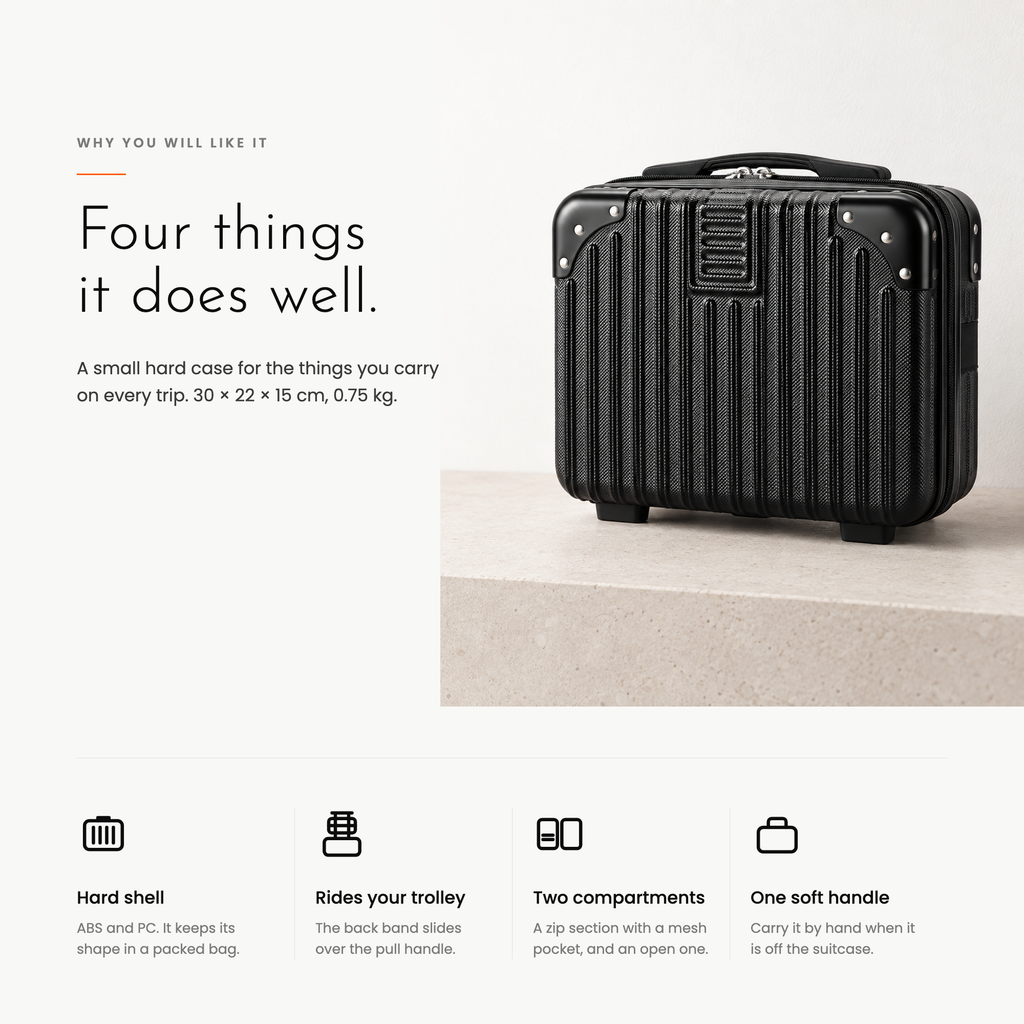 Four things it does well: hard shell, rides your trolley, two compartments, one soft handle