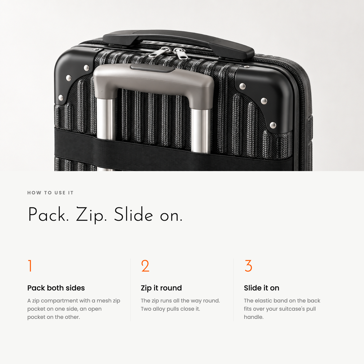 How to use: pack, zip, slide onto a suitcase handle