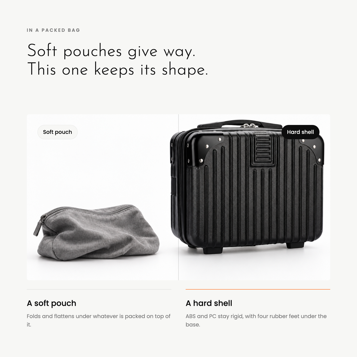 A soft pouch flattens; the hard shell keeps its shape